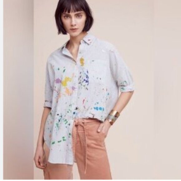 HOLDING HORSES Anthropologie Striped Paint Splatter Button Up Shirt Size XS/S - Picture 1 of 8